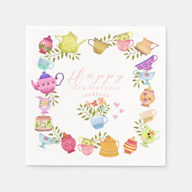 Teapots and Cups  Birthday Napkin (Front)