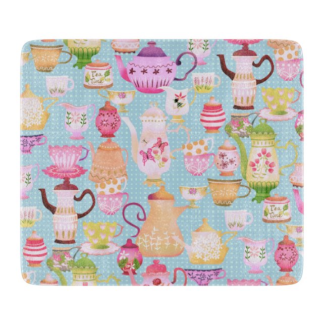 Teapots and Cups Blue Cutting Board (Front)