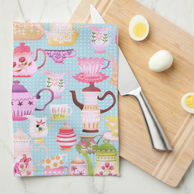 Teapots and Cups Blue Kitchen Towels (Quarter Fold)