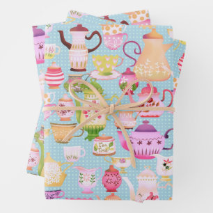 Teapots and Cups Blue  Wrapping Paper Sheet