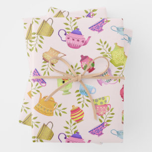 Teapots and Cups Garden Pink Wrapping Paper Sheet