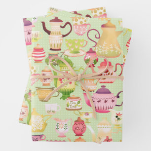 Teapots and Cups Green  Wrapping Paper Sheet