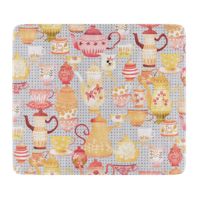 Teapots and Cups Grey Cutting Board (Front)