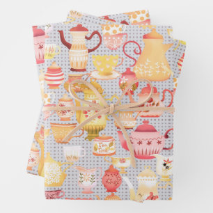 Teapots and Cups Grey  Wrapping Paper Sheet