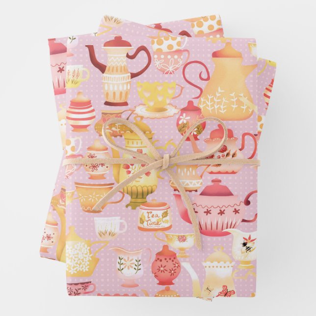 Teapots and Cups Peach  Wrapping Paper Sheet (In situ)