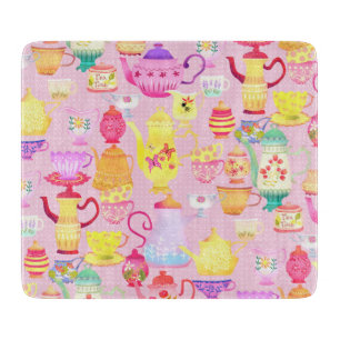 Teapots and Cups Pink  Cutting Board