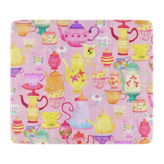 Teapots and Cups Pink  Cutting Board (Front)