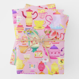 Teapots and Cups Pink  Wrapping Paper Sheet