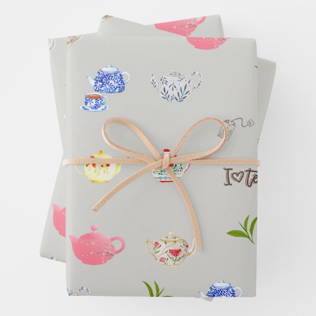 Teapots and Green Tea Leaves Tea Lover  Wrapping Paper Sheet (In situ)