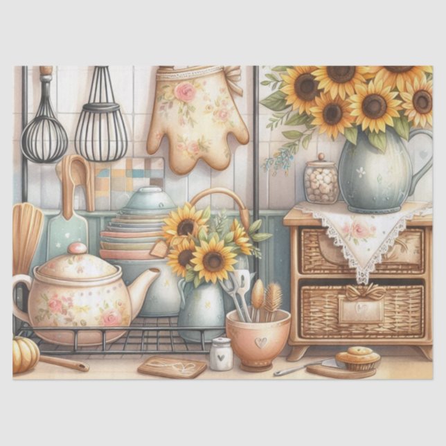 Teapots and Sunflowers Kitchen Watercolor  Tissue Paper (Front)