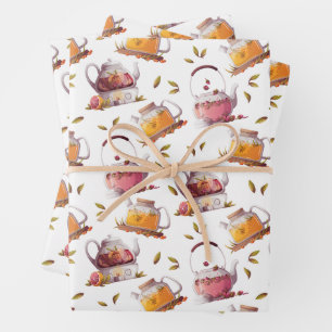 Teapots and Tea Leaves Watercolor  Wrapping Paper Sheet
