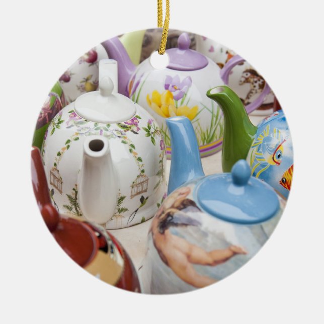 Teapots on sale in Leipzig, Germany Ceramic Tree Decoration (Front)