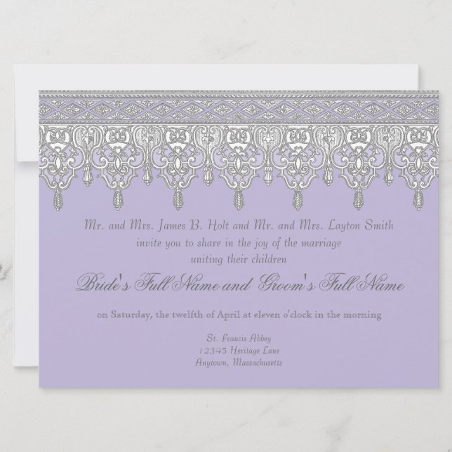 Tear Drop Lace, Lavender & Grey - Wedding Invite (Front)
