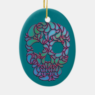 Teardrop Candy Skull In Blue, Green and Pink Ceramic Tree Decoration