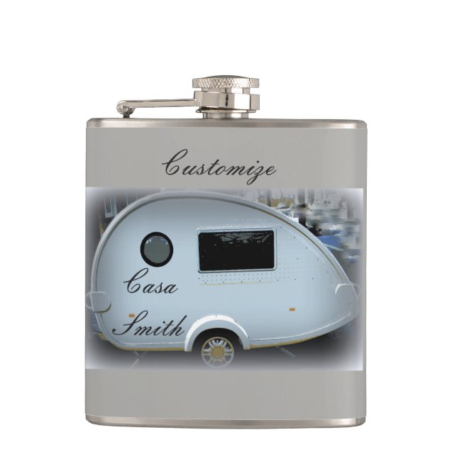 Teardrop gypsy caravan happy glamping hip flask (Front)