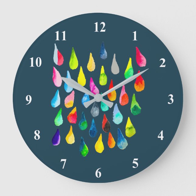 Teardrops watercolor colourful whimsical large clock (Front)