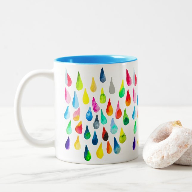Teardrops watercolor colourful whimsical Two-Tone coffee mug (With Donut)