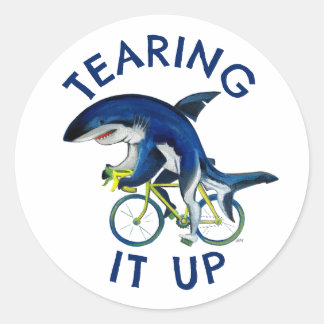 Tearing It Up Blue Shark On Bicycle Motivational Classic Round Sticker