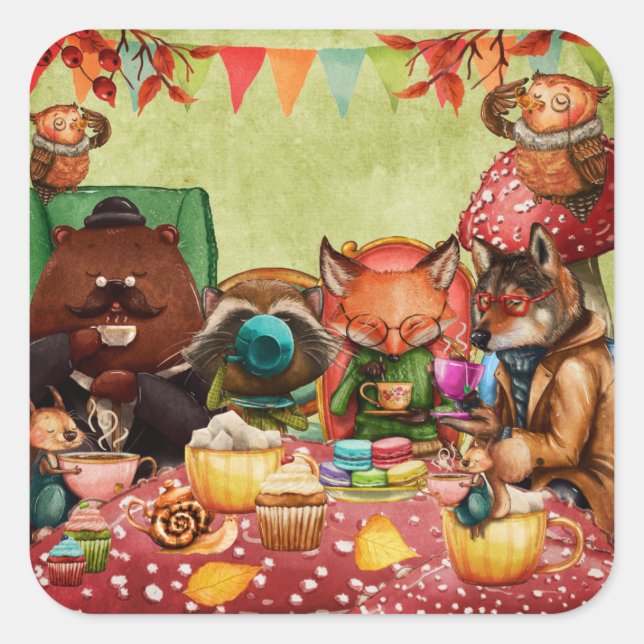 Teatime in Forest with Woodland Friends Square Sticker (Front)