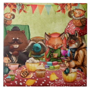 Teatime in Forest with Woodland Friends Tile