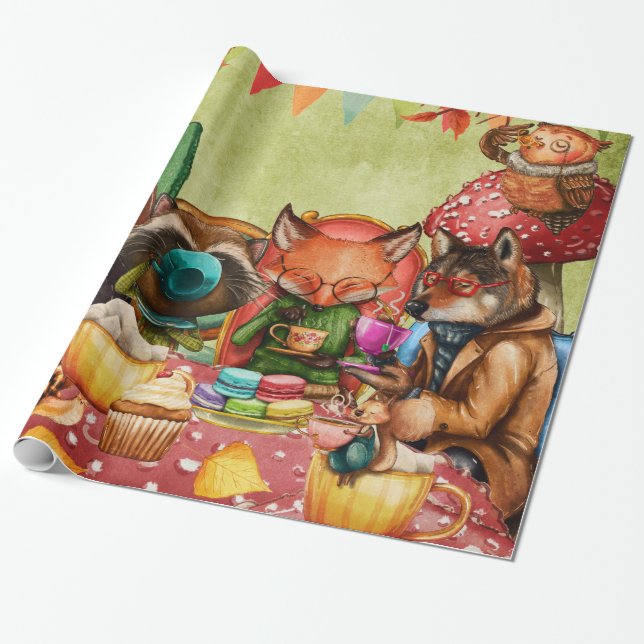 Teatime in Forest with Woodland Friends Wrapping Paper (Unrolled)