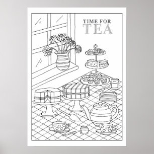 Teatime Tea Party Quaint DIY Colouring Poster