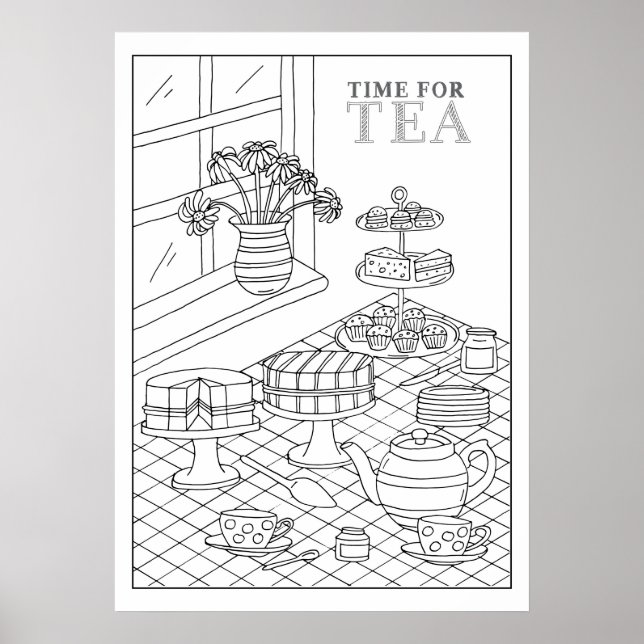 Teatime Tea Party Quaint DIY Colouring Poster (Front)