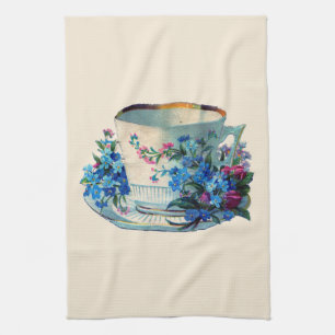 TEATOWEL :VINTAGE TEACUP WITH FLOWERS TEA TOWEL