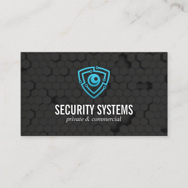 Tech Cyber Shield Logo | Geometric Background Business Card (Front)