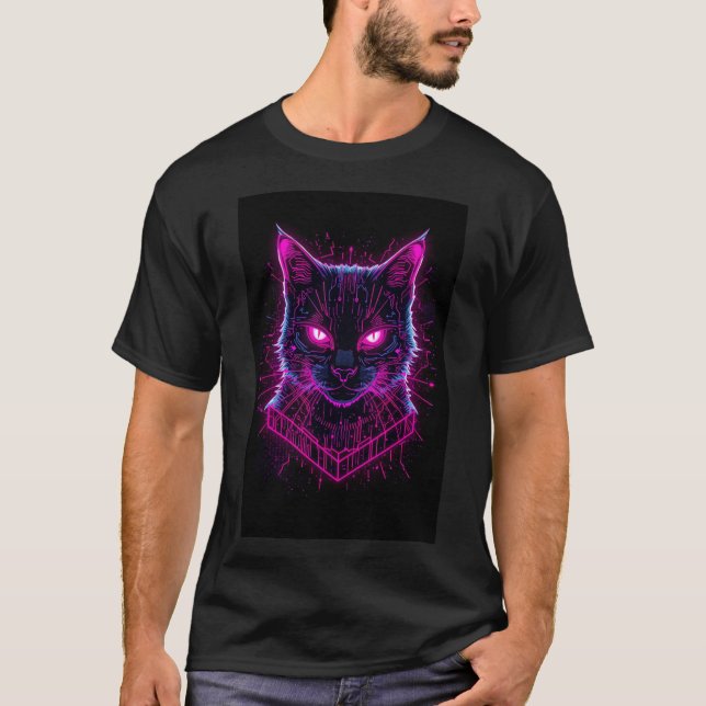 Tech-Inspired Neon Cat Illustration T-Shirt (Front)