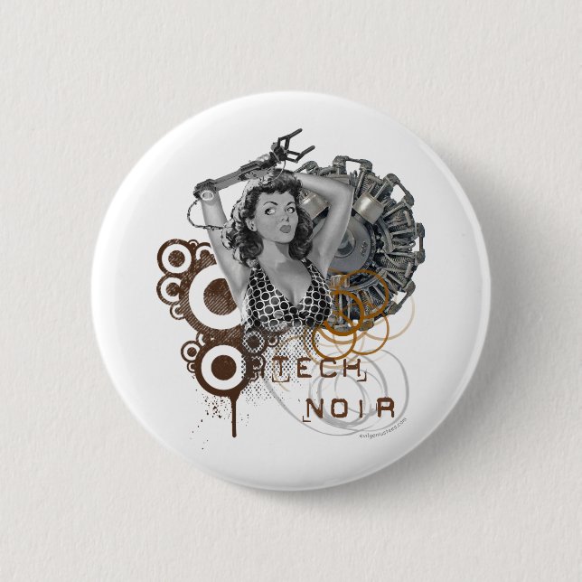 Tech noir pulp steampunk dame 6 cm round badge (Front)