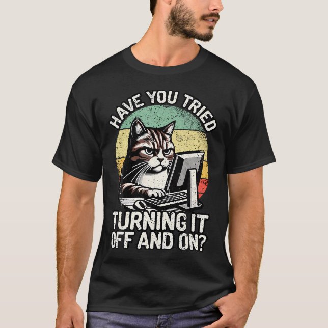 Tech Support Humour I Cat Tech Engineer I Computer T-Shirt (Front)