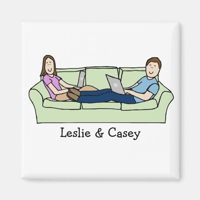 Techie couple - personalised cartoon magnet (Front)