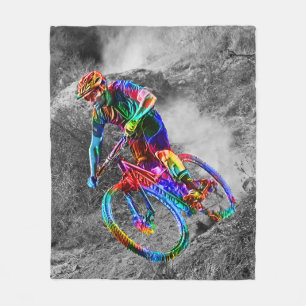 Technicolor Mountain Biker Racing Down a Trail Fleece Blanket