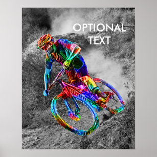 Technicolor Mountain Biker Racing Down a Trail Poster