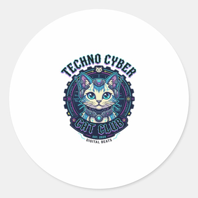 Techno Cyber Cat Funny Cat Lover Design - Techno C Classic Round Sticker (Front)