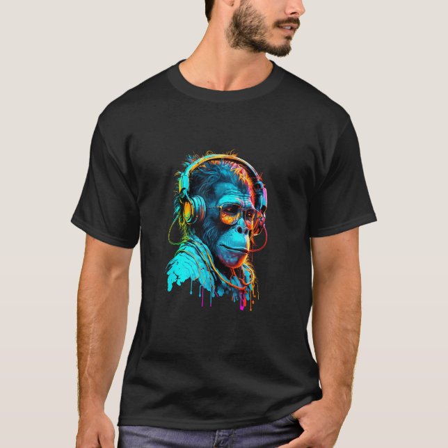 Techno Disco Rave Monkey DJ Monkey Headphones for  T-Shirt (Front)