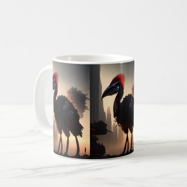 "Techno-Feathers: The Futuristic Emu Robot" Coffee Mug (Front Left)