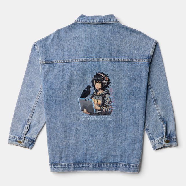 techno girls with raven and laptop denim jacket (Back)