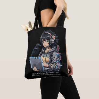 techno girls with raven and laptop tote bag