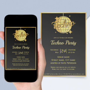 Techno music themed gold disco ball party  invitation