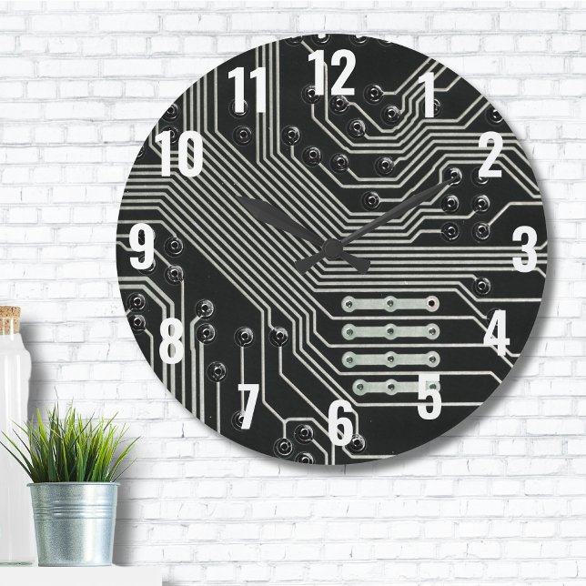 Technology Black Circuit Board Large Clock (Black Circuit Board Electronic Tech Computer Large Clock)