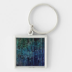 Technology Matrix Binary Code Blue Green Key Ring