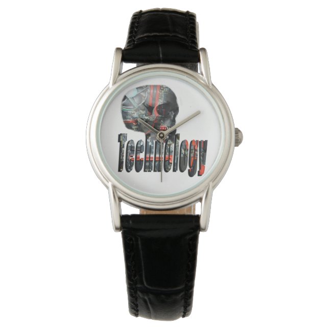 Technology Skull & Logo Ladies Black Leather Watch (Front)