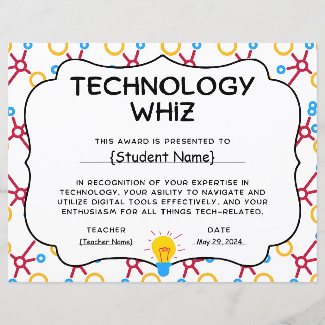 Technology Whiz Student Recognition Award (Front)