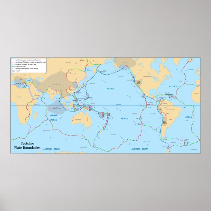 Tectonic Plates and Movement Vectors World Map Poster | Zazzle.co.uk