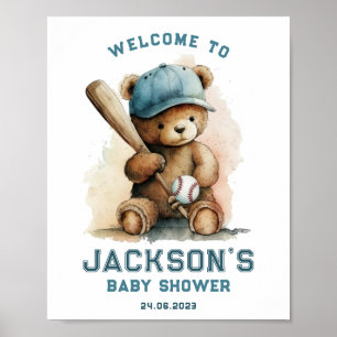 Tedd Bear Baseball Player Boy Welcome Baby Shower Poster