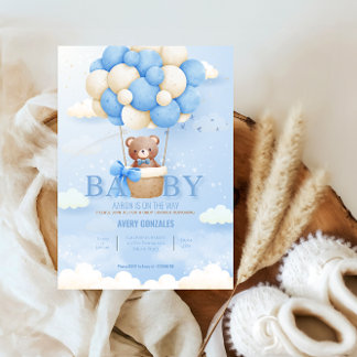 Teddby Bear Balloon Blue Sky Baby Boy Shower Invitation