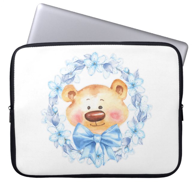 Teddy and blue flowers laptop sleeve (Front)