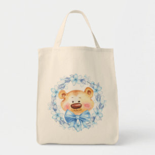Teddy and blue flowers tote bag